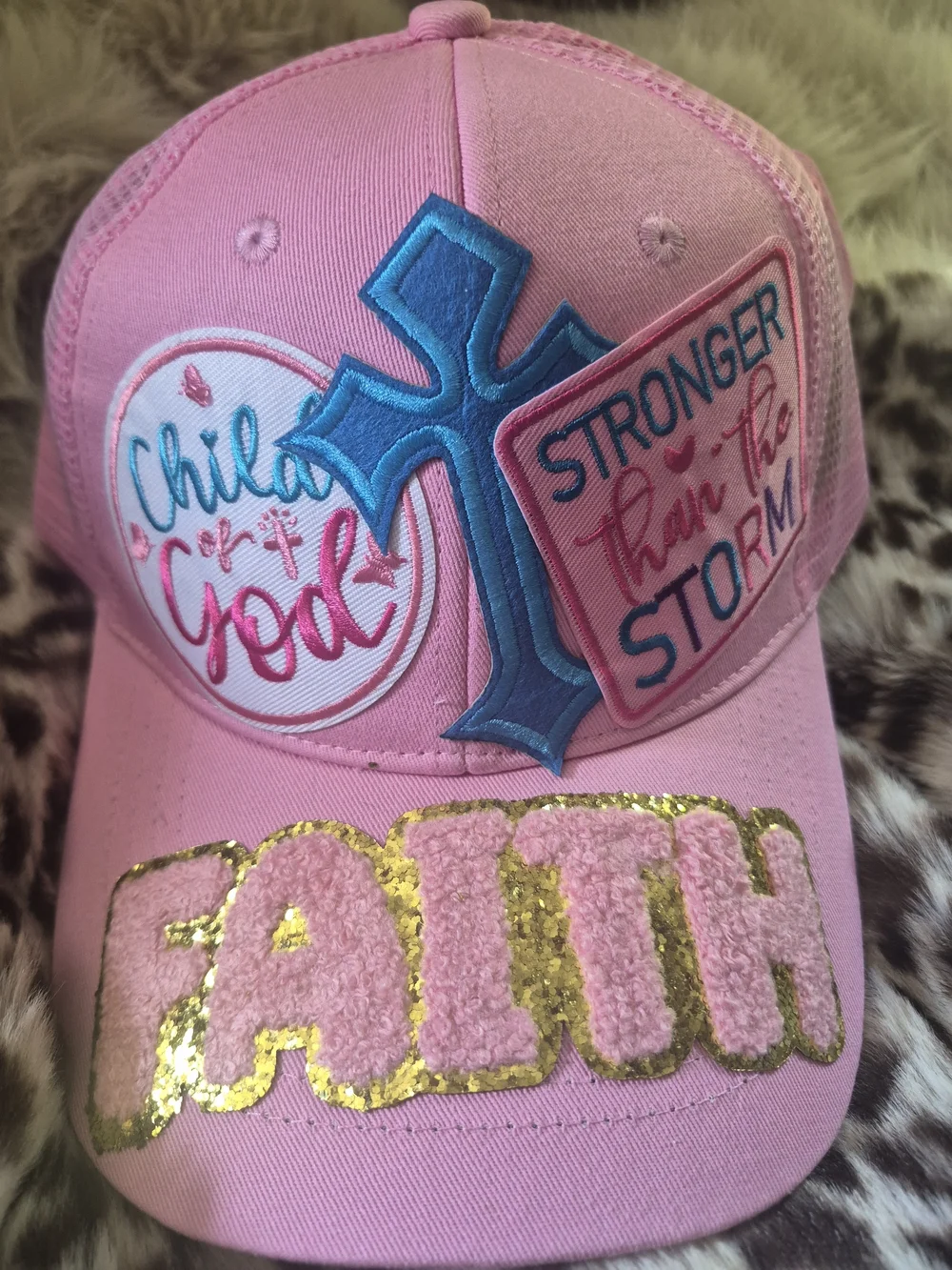 Pink Faith Embroidered Trucker Hat with Cross & Patches